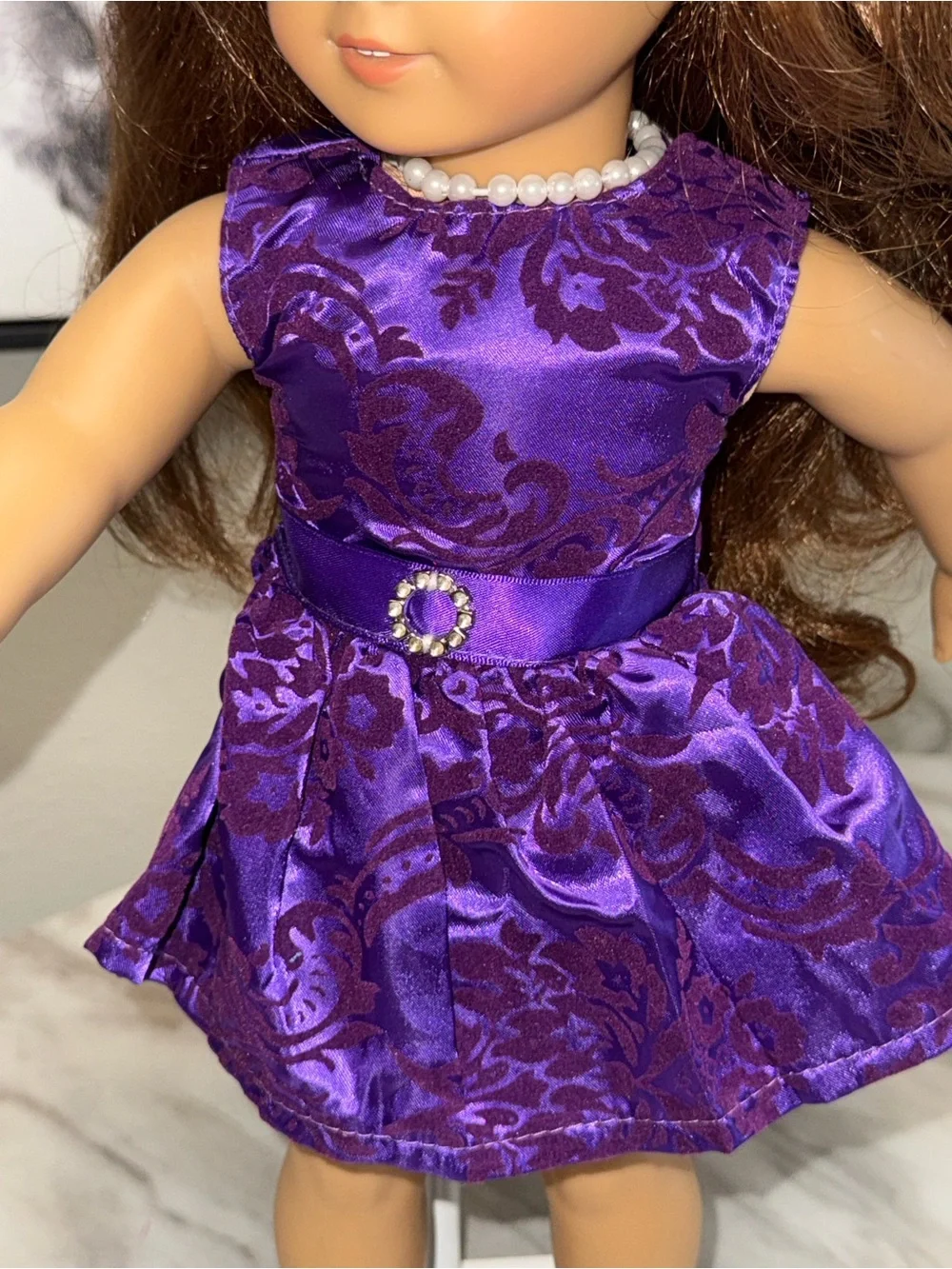 18” dolls purple satin dress rhinestone belt clasp pearl necklace & sparkle shoe